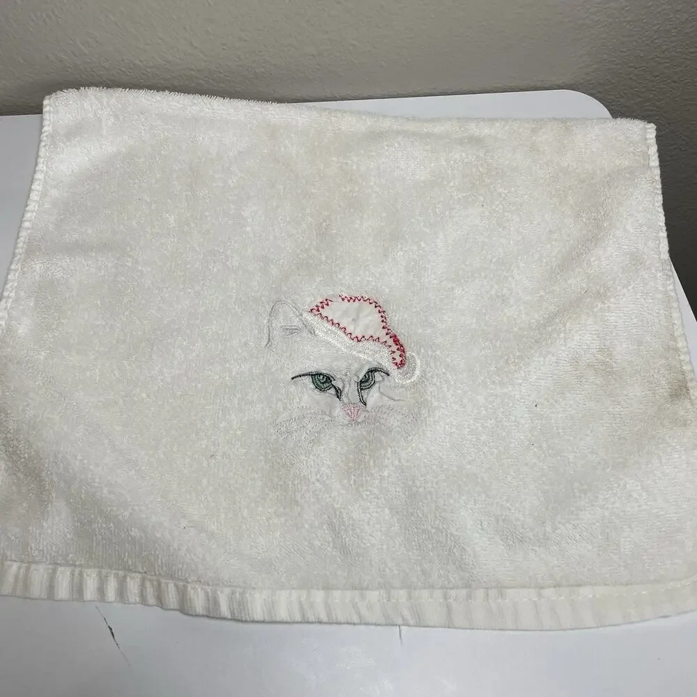 Vintage R.A. Briggs White Cat in Santa Hat 2 Hand Towels Christmas Decor
